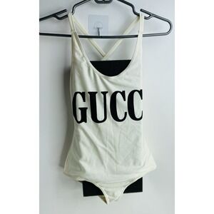 Gucci Cream Logo Print Halter Neck Swimsuit Size XXS